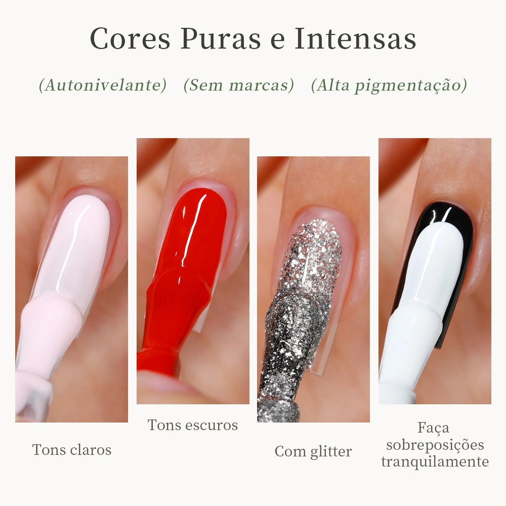 MR NAIL esmalte em gel com cartela de cores, mostrando tons claros, tons escuros, glitter e efeitos de sobreposição
