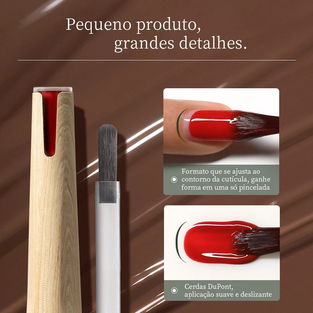 MR NAIL esmalte em gel com frasco e pincel DuPont, mostrando aplicação suave e precisa próxima à cutícula
