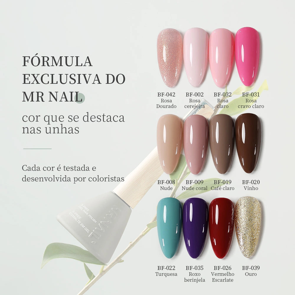 MR NAIL esmalte em gel com cartela exclusiva de cores, mostrando tons de rosa, nude, vermelho, roxo, turquesa e dourado