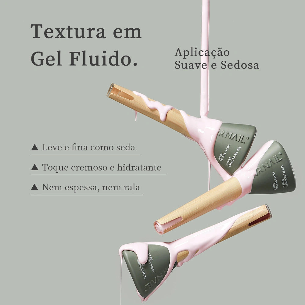 MR NAIL esmalte em gel escorrendo do frasco com cabo de madeira, mostrando textura fluida, suave e sedosa