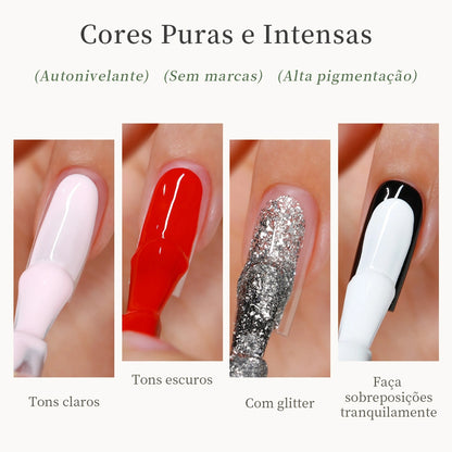 MR NAIL esmalte em gel com cartela de cores, mostrando tons claros, tons escuros, glitter e efeitos de sobreposição
