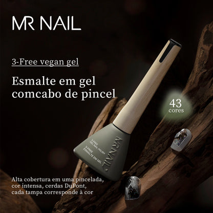 MR NAIL esmalte em gel vegano com frasco de cabo de madeira, mostrando 43 opções de cores e efeito nas unhas 