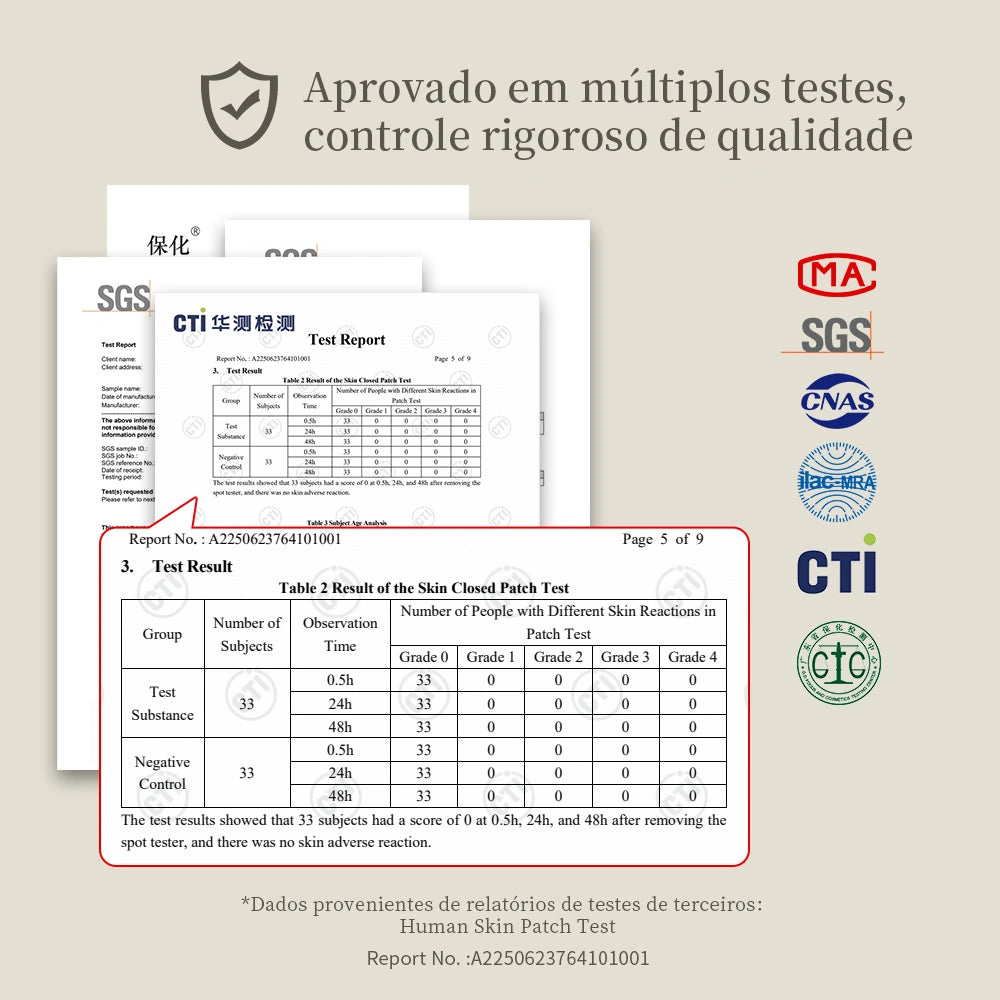 MR NAIL esmalte em gel com relatórios de qualidade e logotipos de certificação, mostrando informações de segurança do produto 